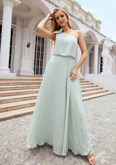 A-Line One-Shoulder Sleeveless Floor-Length Chiffon Bridesmaid Dress with Shoulder Flower
