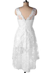 V Neck Sleeveless Lace Satin Asymmetrical Wedding Dress, A-line