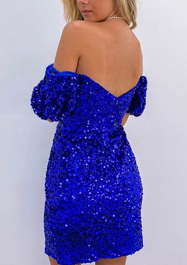 Sheath/Column Off-the-Shoulder Short Sleeve Sequined Short/Mini Homecoming Dress