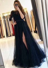 A-line Bateau 3/4 Sleeve Sweep Train Tulle Prom Dress With Appliqued Details