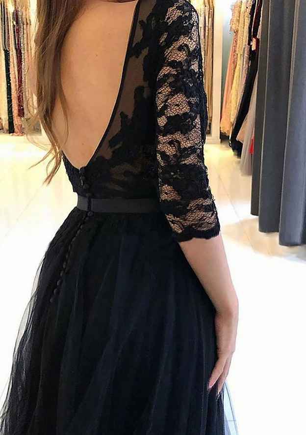 A-line Bateau 3/4 Sleeve Sweep Train Tulle Prom Dress With Appliqued Details