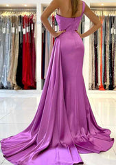 Trumpet/Mermaid One-Shoulder Sleeveless Sweep Train Satin Prom Dress With Pleated Details