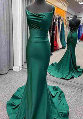 Trumpet/Mermaid Cowl Neck Spaghetti Straps Sweep Train Jersey Prom Dress With Pleated Details