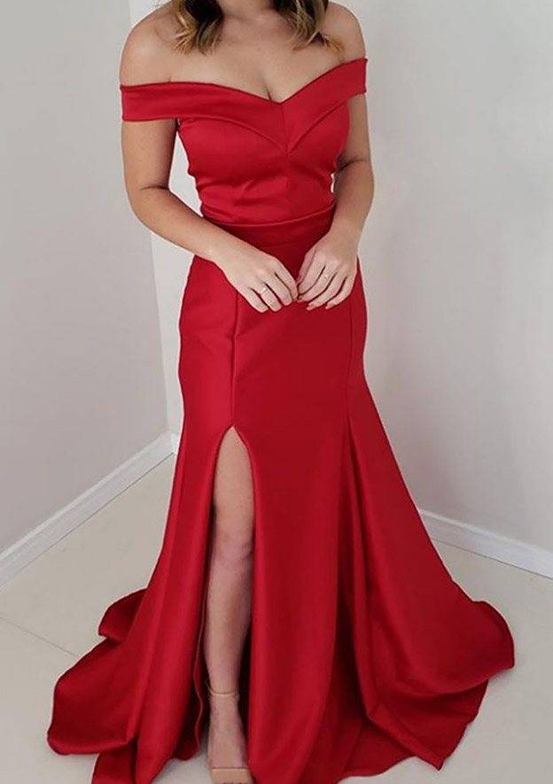 Trumpet/Mermaid Off-the-Shoulder Sleeveless Floor-Length Satin Prom Dress