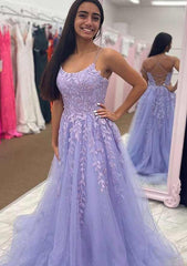 A-line Bateau Court Train Tulle Glitter Prom Dress With Appliqued Beading