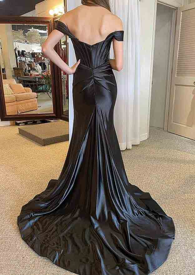Trumpet/Mermaid Off-the-Shoulder Regular Straps Court Train Silk-like Satin Prom Dress With Pleated Split