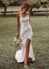 Cowl Neck Spaghetti Straps Sweep Train Satin Trumpet/Mermaid Wedding Dress with Pleated Split