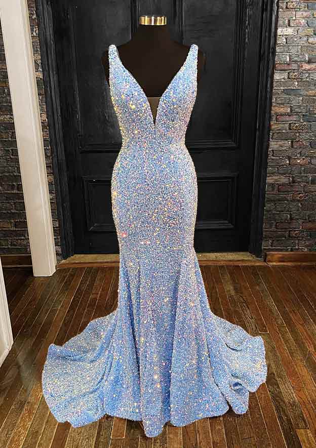 Sheath/Column Trumpet/Mermaid V Neck Sleeveless Velvet Sequined Sweep Train Prom Dress