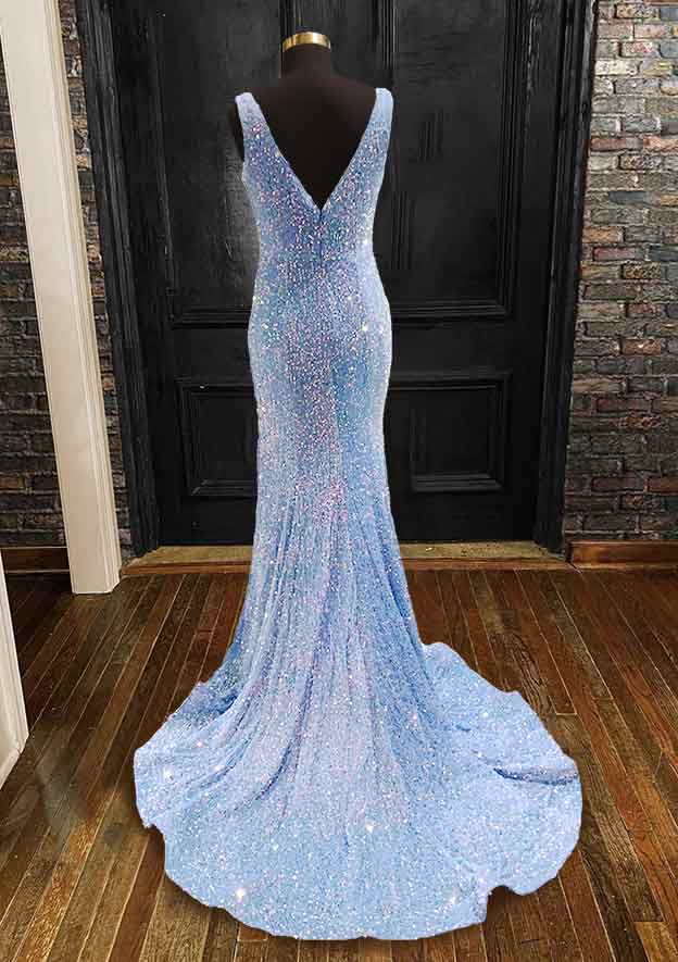 Sheath/Column Trumpet/Mermaid V Neck Sleeveless Velvet Sequined Sweep Train Prom Dress