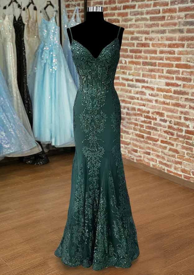 Trumpet/Mermaid V Neck Spaghetti Straps Floor-Length Tulle Prom Dress With Appliqued Beading