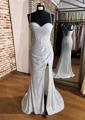 Trumpet/Mermaid Sweetheart Spaghetti Straps Sweep Train Glitter Prom Dress With Pleated Split