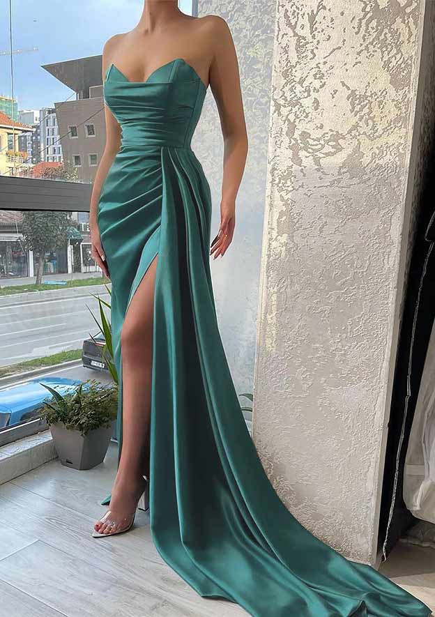 Trumpet/Mermaid Sweetheart Strapless Court Train Satin Prom Dress With Pleated Split