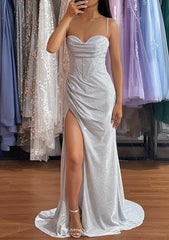 Trumpet/Mermaid Sweetheart Spaghetti Straps Sweep Train Glitter Prom Dress With Pleated Split