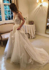 A-line Princess Chapel Train Lace Tulle Wedding Dress with Appliqued Lace