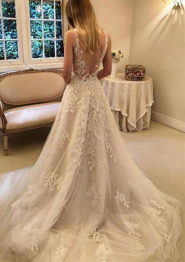 A-line Princess Chapel Train Lace Tulle Wedding Dress with Appliqued Lace