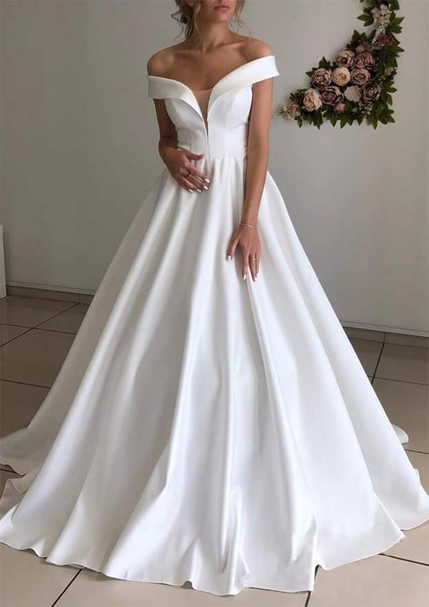 Princess Off-the-Shoulder Sweep Train Satin A-line Wedding Dress