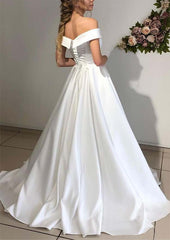 Princess Off-the-Shoulder Sweep Train Satin A-line Wedding Dress