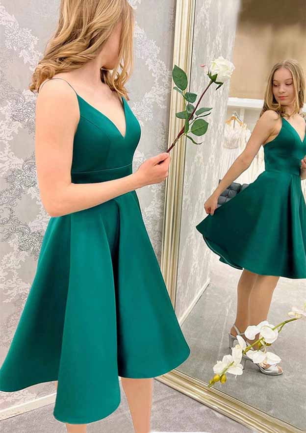 A-line V Neck Sleeveless Satin Short/Mini Homecoming Dress