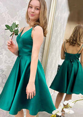 A-line V Neck Sleeveless Satin Short/Mini Homecoming Dress