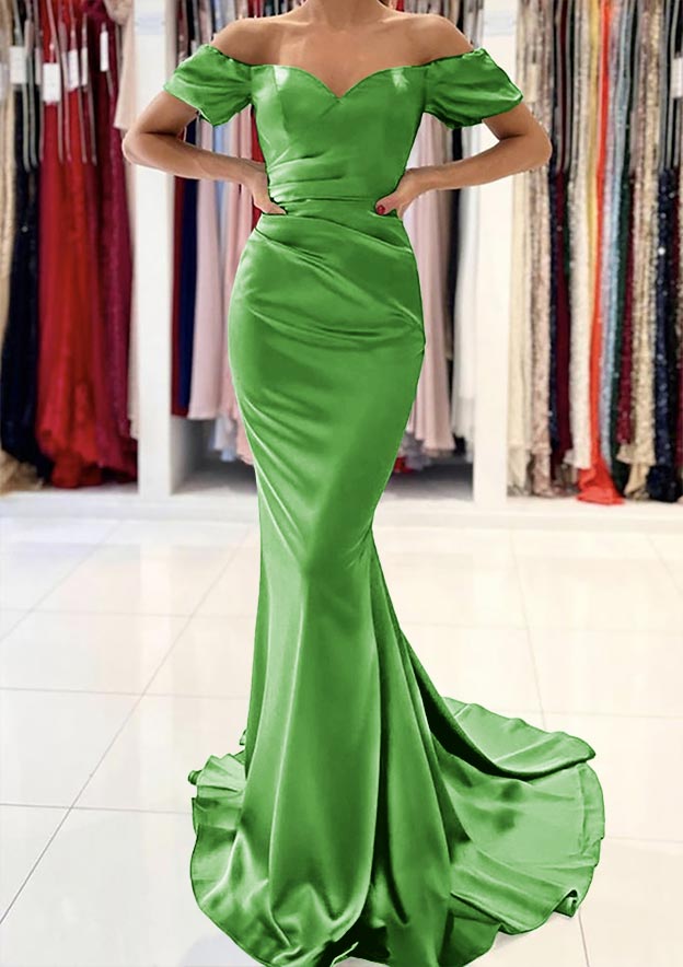 Trumpet/Mermaid Off-the-Shoulder Short Sleeve Satin Sweep Train Prom Dress With Pleated Details