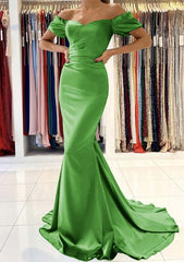 Trumpet/Mermaid Off-the-Shoulder Short Sleeve Satin Sweep Train Prom Dress With Pleated Details