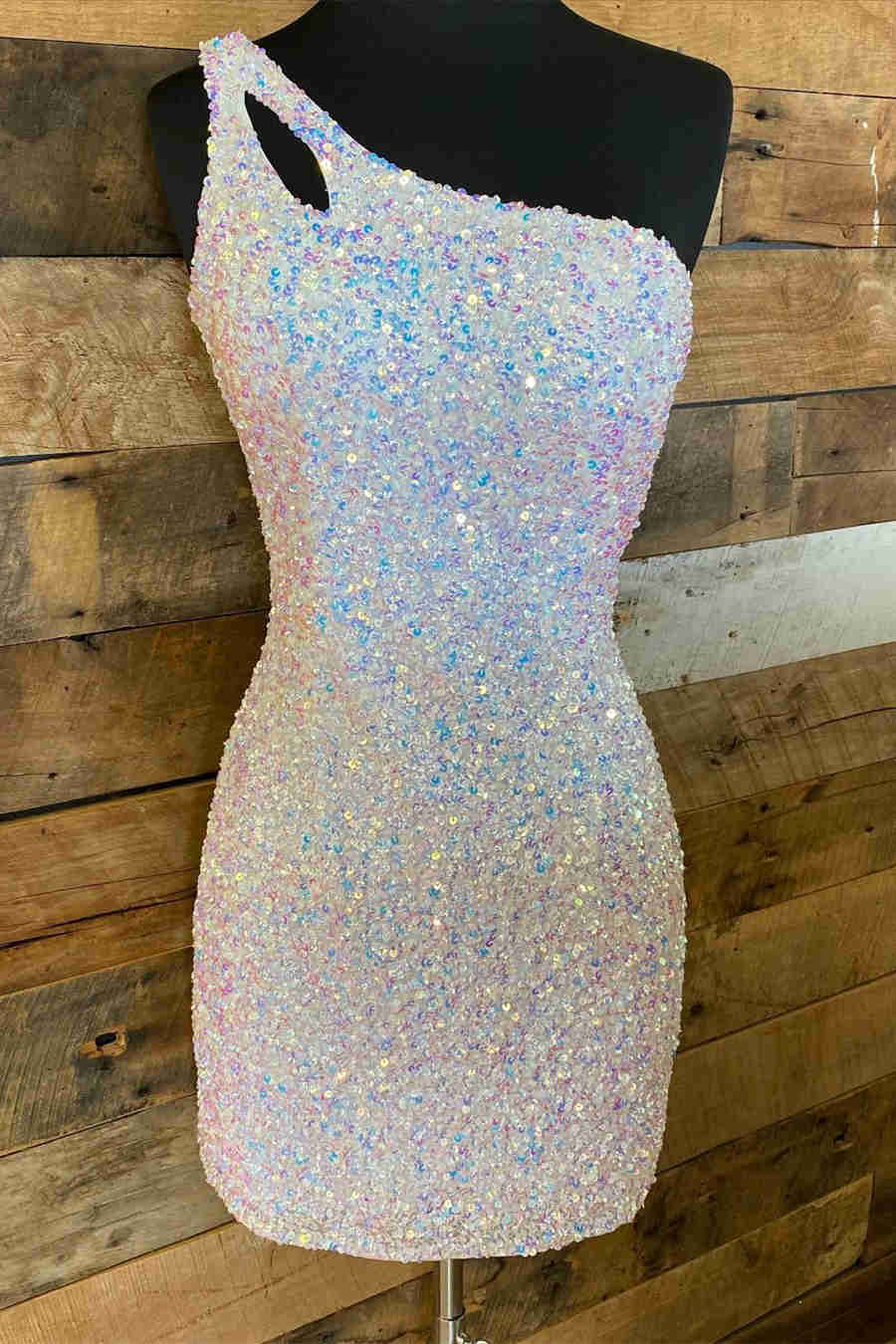 Magdalene |Sparkly Bodycon One Shoulder Sequins Short Homecoming Dress with Keyhole