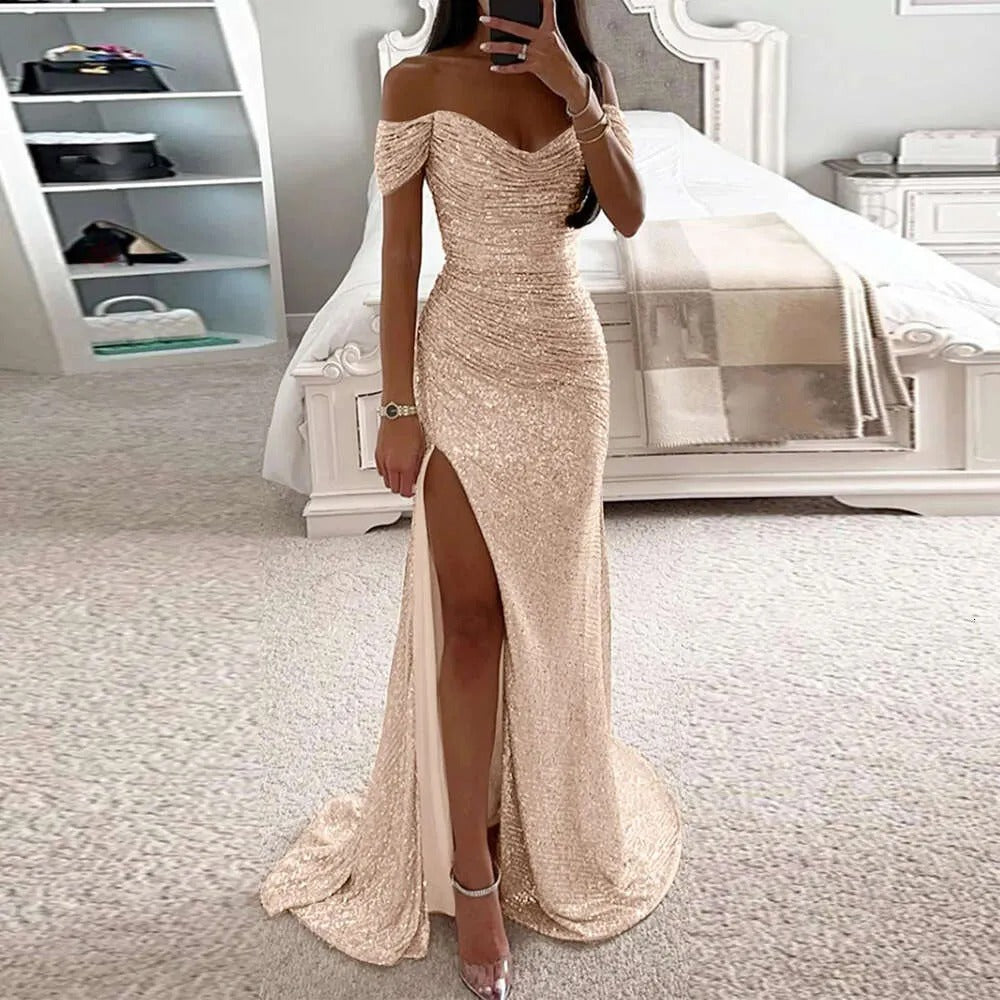 Sequin Mermaid Prom Dress Long Off Shoulder Sparkly Slit Formal Gown