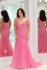 Suzanne | Pink Mermaid Off the Shoulder Tulle Long Prom Dress with Appliques