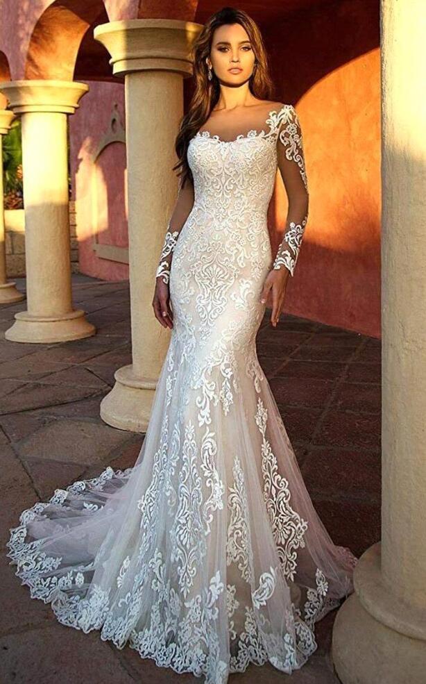 Beach Mermaid Wedding Dresses Long Sleeve Lace Boho Bridal Gowns