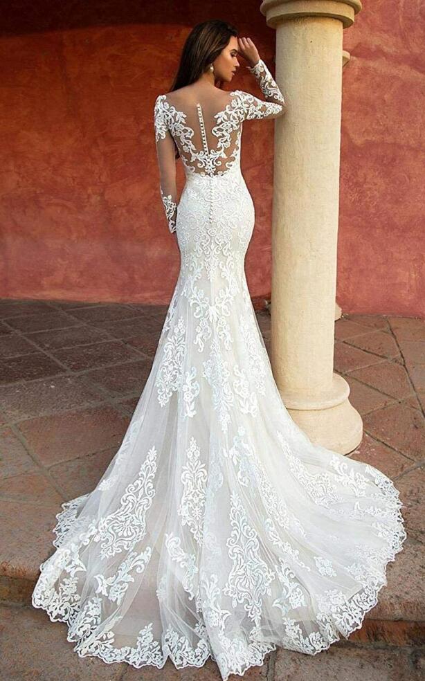 Beach Mermaid Wedding Dresses Long Sleeve Lace Boho Bridal Gowns