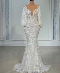 Beading Mermaid Wedding Dress Long Sleeve Appliques Pearls