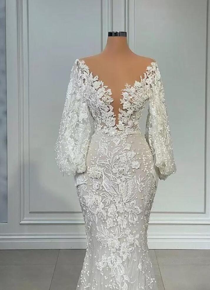 Beading Mermaid Wedding Dress Long Sleeve Appliques Pearls