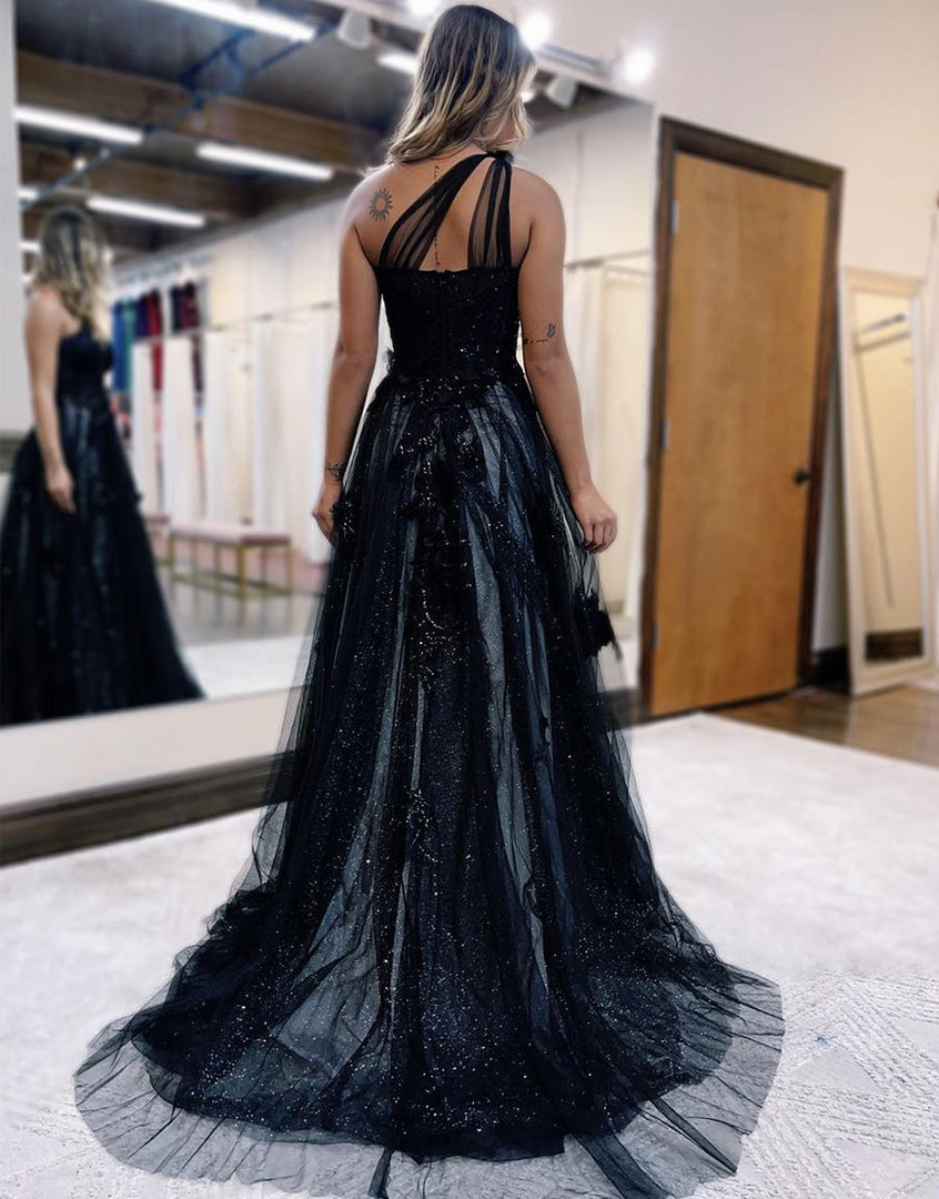 A Line One Shoulder Black Long Prom Dress with Appliques