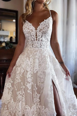 Beach Wedding Dresses Long Lace Appliques Spaghetti Split V Neck Bridal Gowns