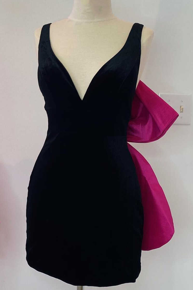 Black Plunge V Bow Back Bodycon Mini Party Dress