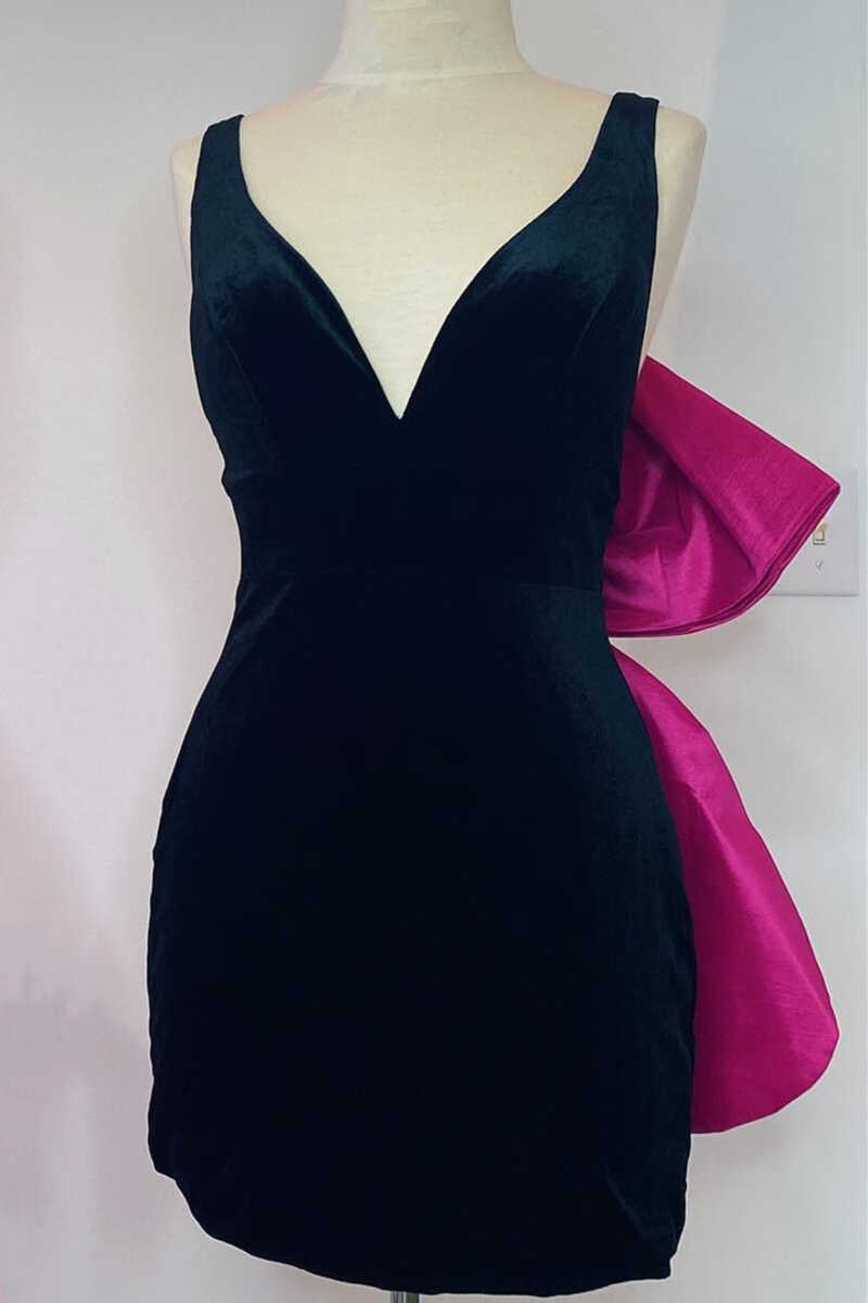 Black Plunge V Bow Back Bodycon Mini Party Dress