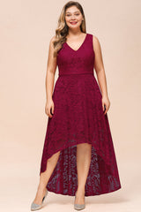 RjerStore A-line Hi-lo V-neck Burgundy Lace Dresses - lace dresses