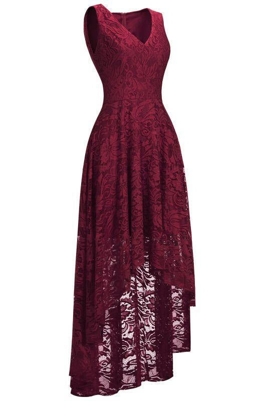 RjerStore A-line Hi-lo V-neck Burgundy Lace Dresses - Burgundy / US 2 - lace dresses