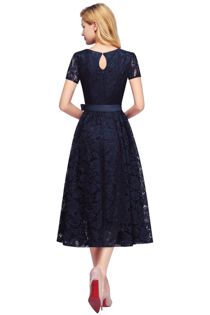 RjerStore Burgundy Short Sleeves Flower Lace V-neck Dresses with Sash - lace dresses