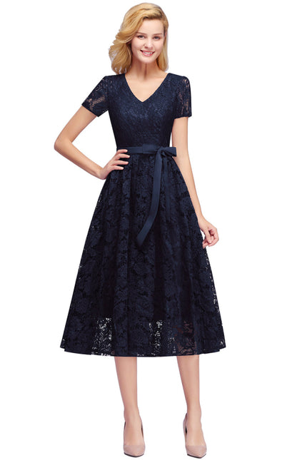 RjerStore Burgundy Short Sleeves Flower Lace V-neck Dresses with Sash - Navy Blue / S - lace dresses