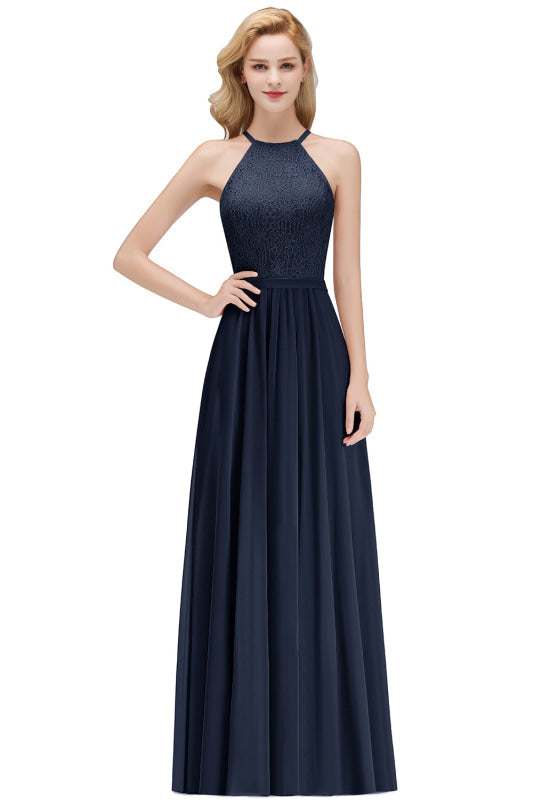 Chic Halter Aline Bridesmaid Dress Pleated Lace Chiffon Evening Dress - Navy Blue / US 2 - Prom Dresses