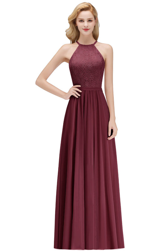 Chic Halter Aline Bridesmaid Dress Pleated Lace Chiffon Evening Dress - Burgundy / US 2 - Prom Dresses