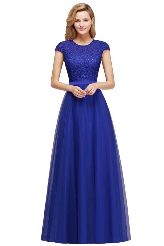 Elegant Cap Sleeves Aline Bridesmaid Dress Chiffon Crew Neck Floor Length Wedding Guest Dress - Royal Blue / US 2 - Prom Dresses