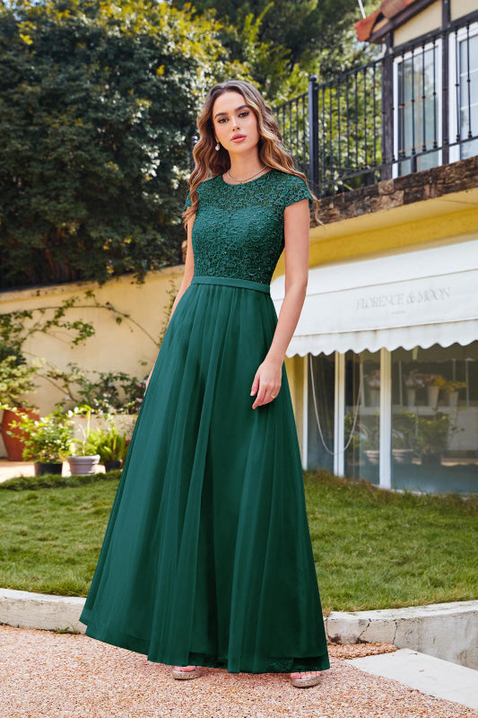 Elegant Cap Sleeves Aline Bridesmaid Dress Chiffon Crew Neck Floor Length Wedding Guest Dress - Dark Green / US 2 - Prom Dresses