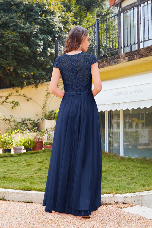 Elegant Cap Sleeves Aline Bridesmaid Dress Chiffon Crew Neck Floor Length Wedding Guest Dress - Prom Dresses