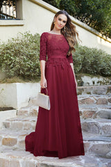 Elegant Half Sleeves Aline Evening Dress Jewel Neck Lace Appliques Tulle Front Split Party Dress - Burgundy / US 2 - Prom Dresses