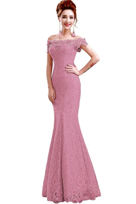 Elegant Off-the-Shoulder Trumpet Bridesmaid Dress Lace Long Evening Dress - Dusty Pink / US 4 - Prom Dresses