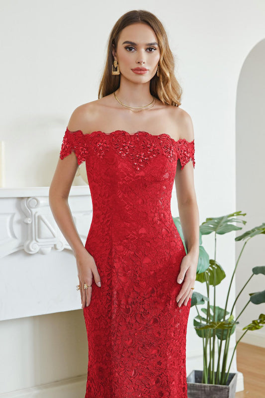 Elegant Off-the-Shoulder Trumpet Bridesmaid Dress Lace Long Evening Dress - Red / US 4 - Prom Dresses