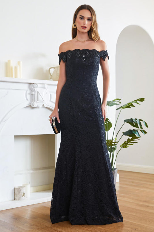 Elegant Off-the-Shoulder Trumpet Bridesmaid Dress Lace Long Evening Dress - Black / US 4 - Prom Dresses