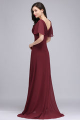 Elegant Puffy Sleeves Chiffon Aline Bridesmaid Dresses V-Neck Floor Length Evening Dress - Prom Dresses